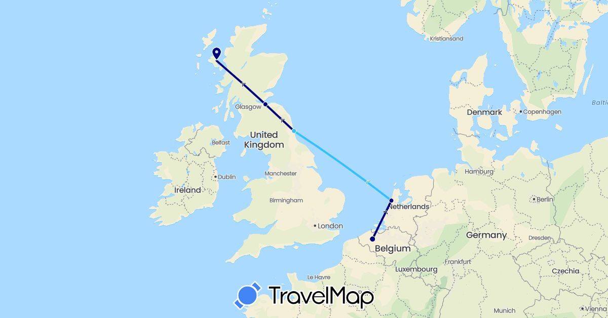 TravelMap itinerary: driving, boat in Belgium, United Kingdom, Netherlands (Europe)